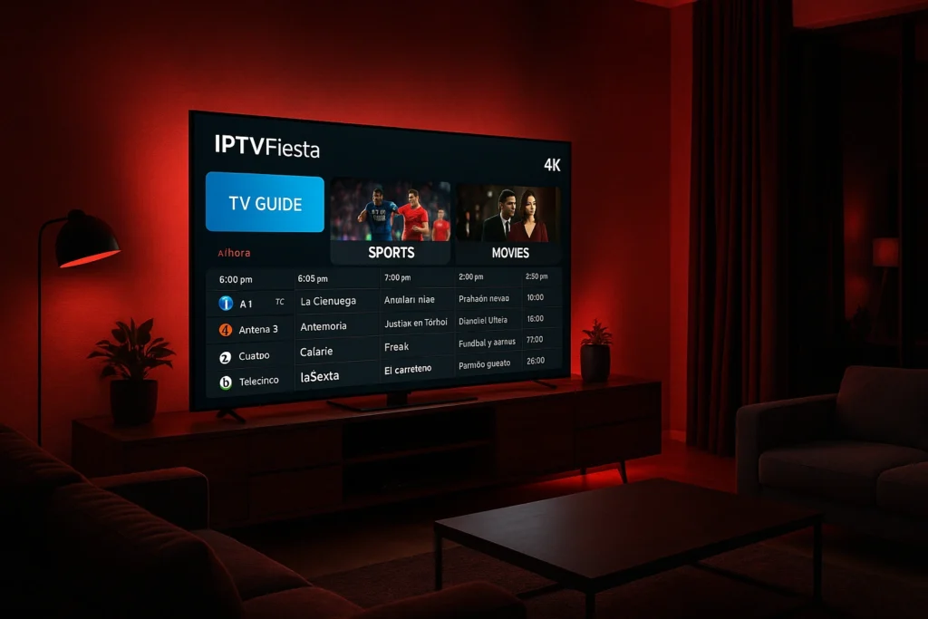 IPTVFiesta en España – Televisor 4K mostrando canales en vivo y películas en streaming.