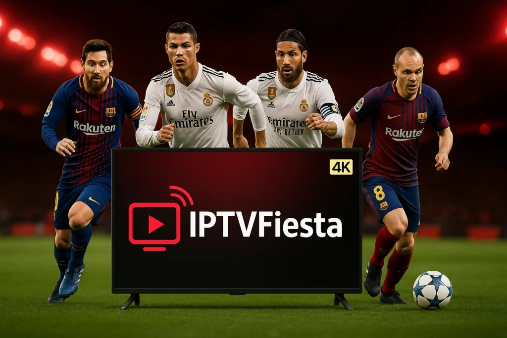 IPTVFiesta transmitiendo a los mejores jugadores de fútbol en España: Messi, Ronaldo, Ramos e Iniesta.