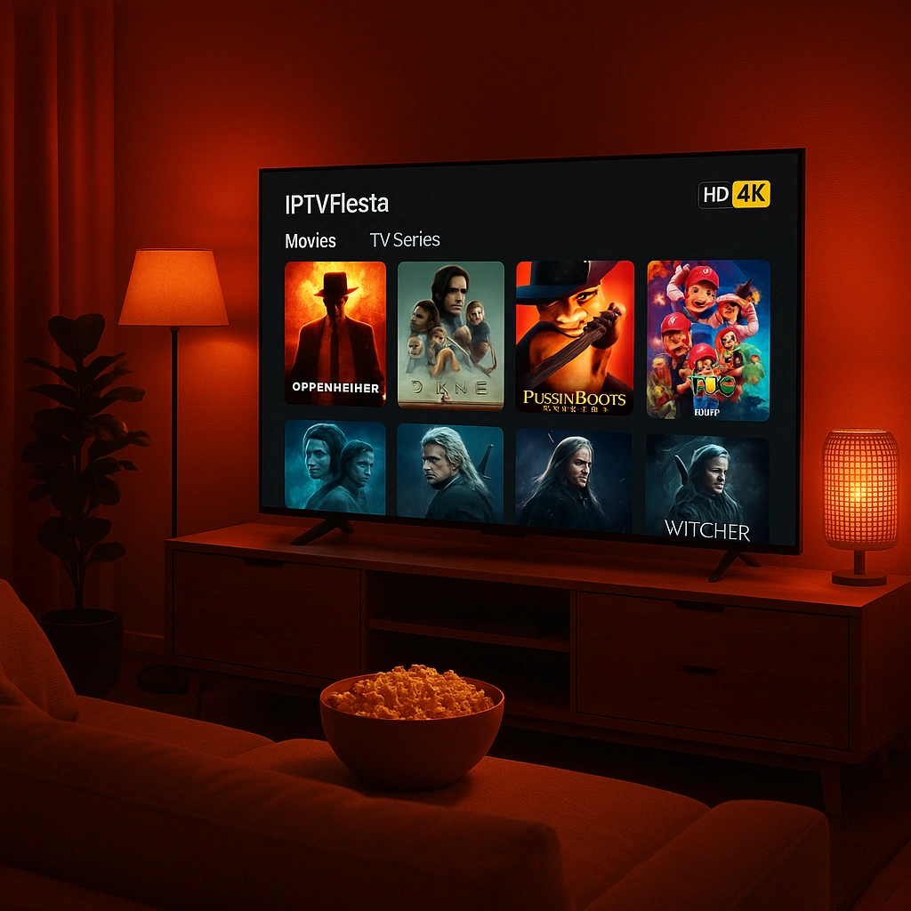 IPTVFiesta España mostrando selección de películas y series en 4K.